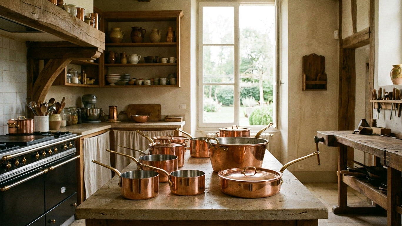 An assortment of gleaming handcrafted French copper cookware arranged on a worn stone countertop in a warmly lit artisanal kitchen.