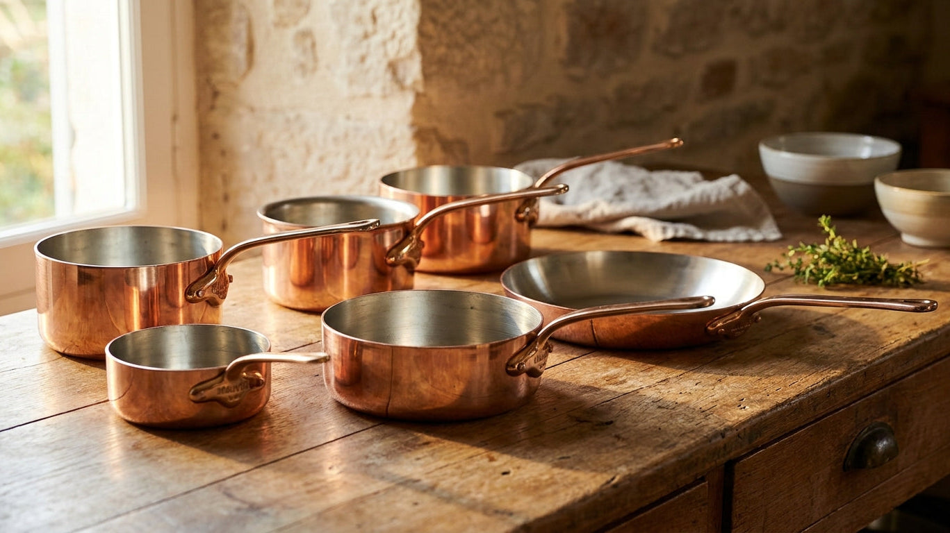A curated arrangement of gleaming Mauviel copper cookware in varying sizes on a rustic French oak counter, bathed in warm natural light.