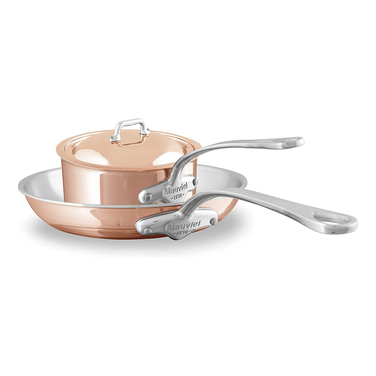 Mauviel M'TRIPLY S Polished Copper & Stainless Steel Sauce Pan With Lid  2.6-qt and Frying Pan 11.8-in Bundle