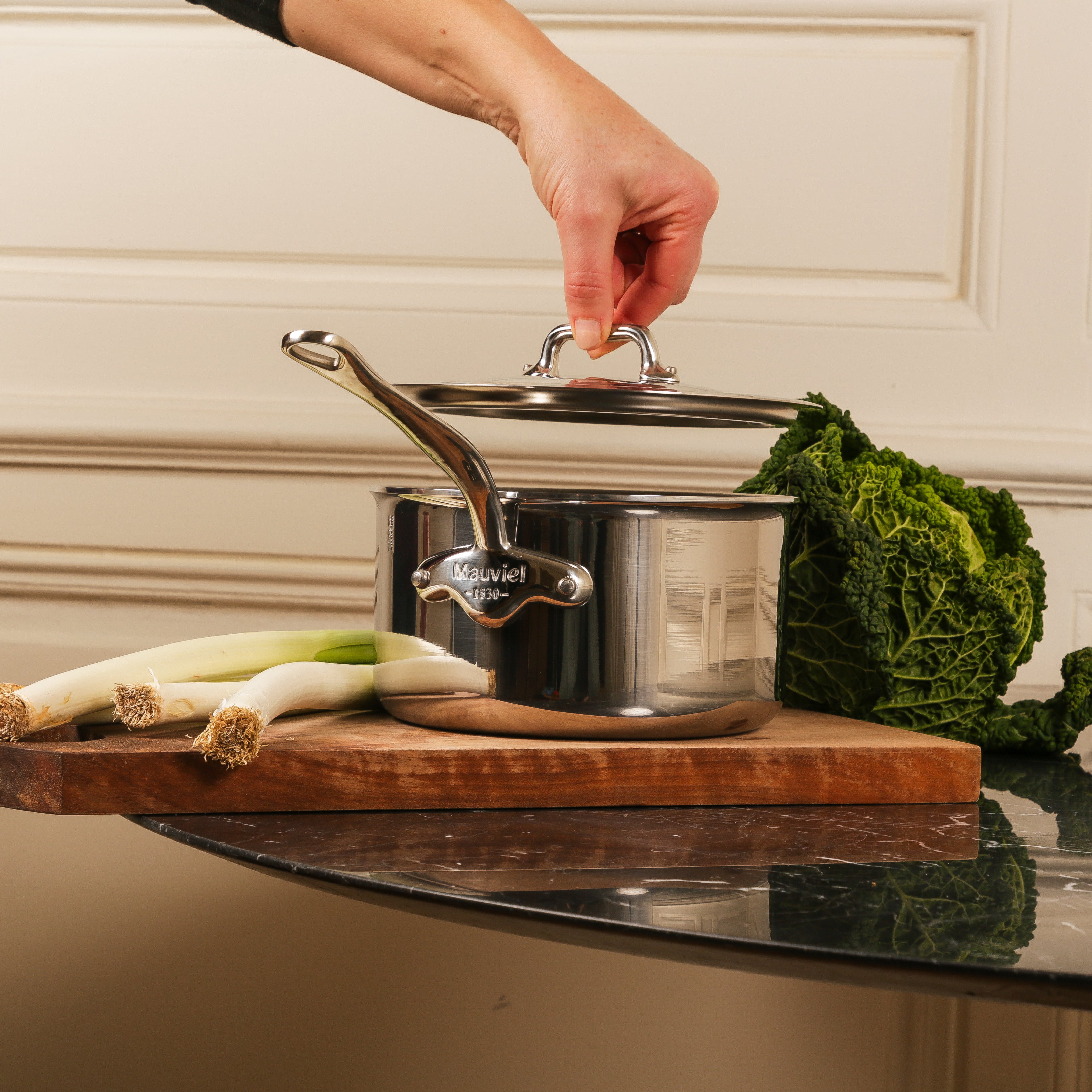 Mauviel M'COOK 5-ply 10.2-inch fry pan and 1.2-quart sauce pan with cast stainless steel handles, part of cookware set.