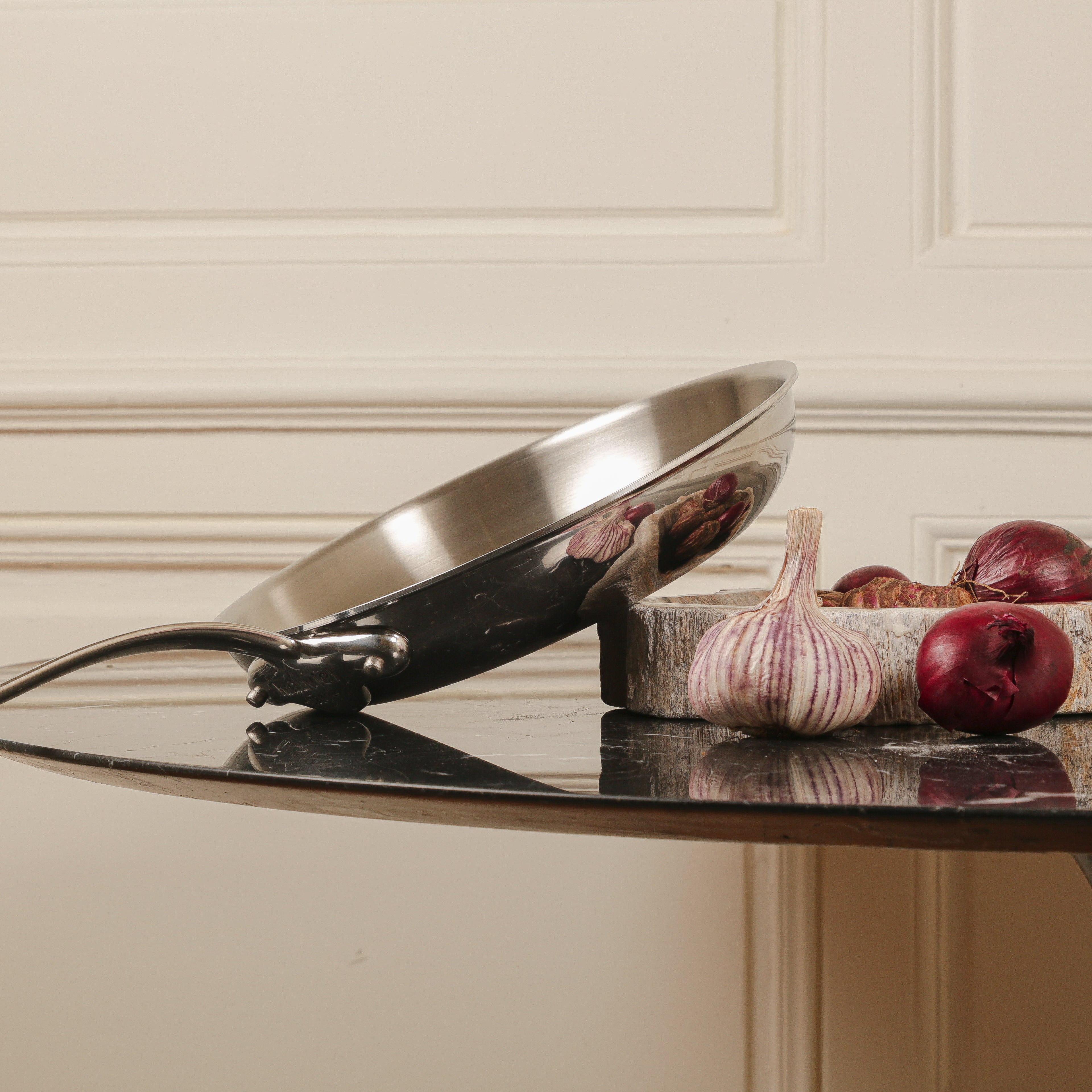 Mauviel M'COOK 5-ply stainless steel fry pan and sauce pan with cast stainless steel handles, part of cookware set.