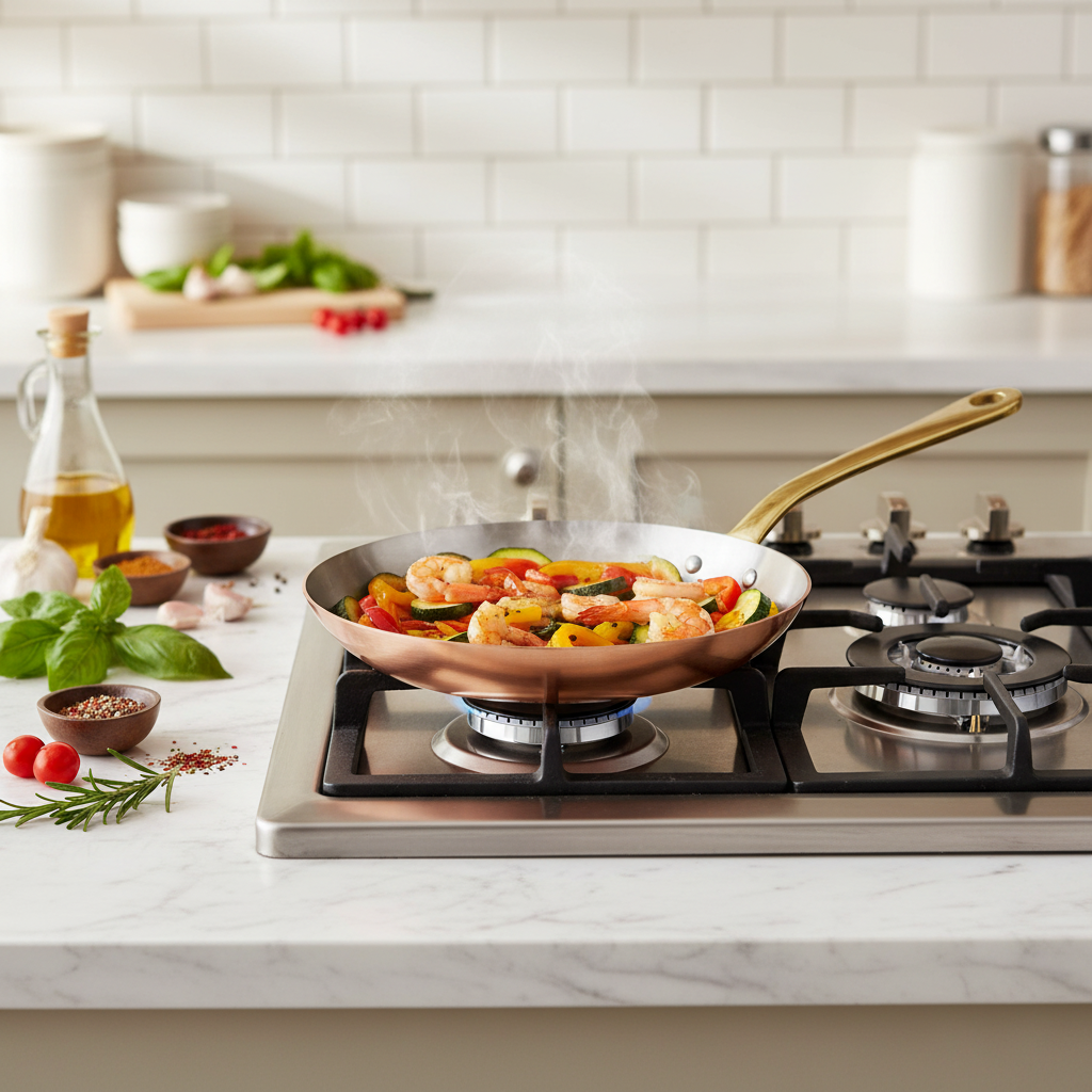 Mauviel M'Heritage M'200 B copper frying pan with brass handle, showing polished copper surface and sturdy handle for stovetop cooking.