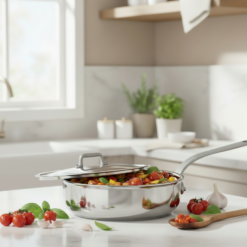 Mauviel M'Cook SB 5-Ply stainless steel sauté pan with lid, brushed handle, 3.4-quart capacity, ideal for versatile cooking.