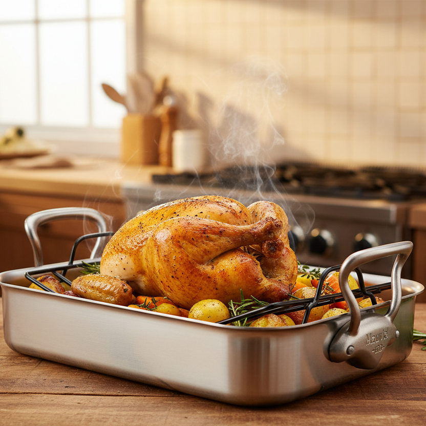 Mauviel stainless steel roasting pan with rack, brushed cast stainless steel handles, 15.7 x 11.8 inches, ideal for oven roasting.