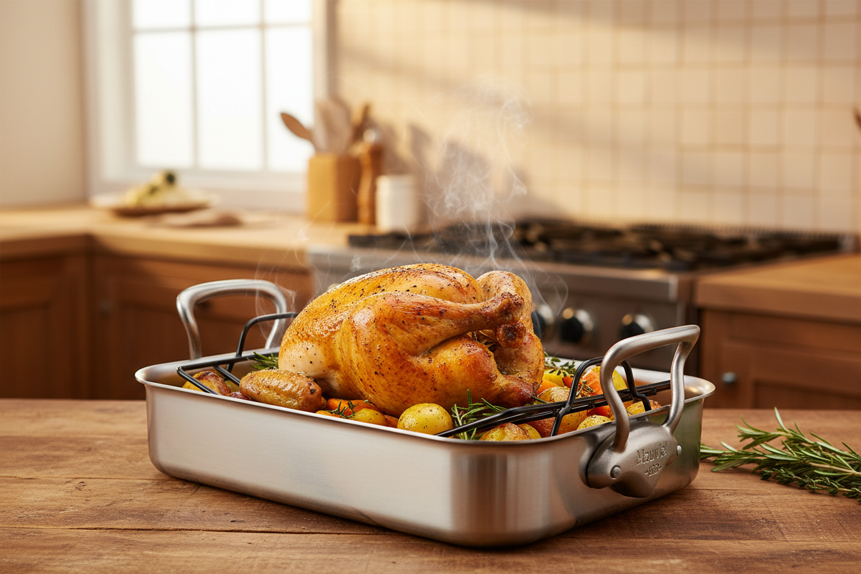 Mauviel Stainless Steel Roasting Pan With Rack And Brushed Cast Stainless Steel Handles, 15.7 x 11.8-In - Mauviel1830