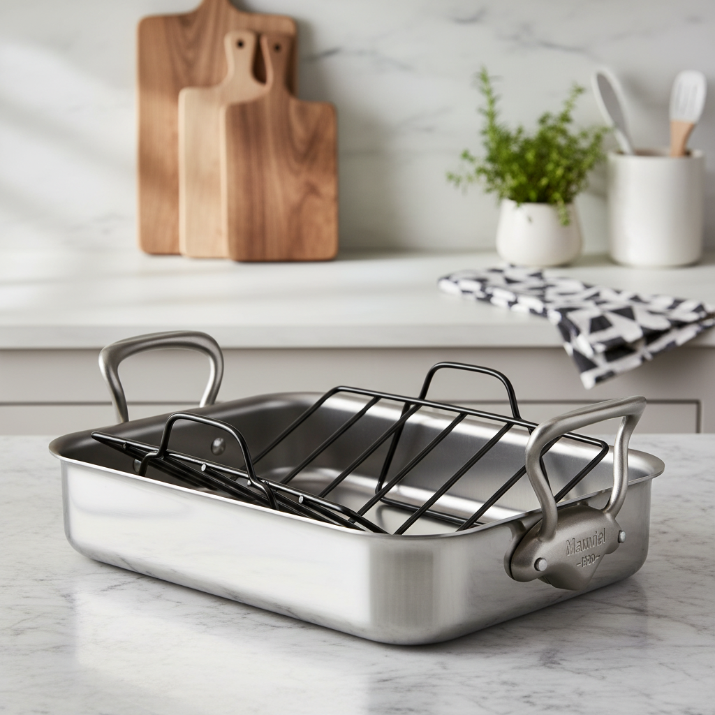 Mauviel Stainless Steel Roasting Pan With Rack And Brushed Cast Stainless Steel Handles, 15.7 x 11.8-In - Mauviel1830