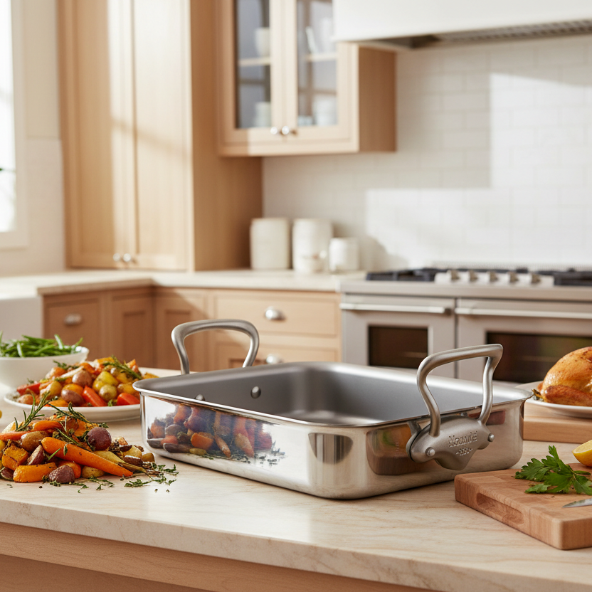 Mauviel stainless steel roasting pan with rack, brushed cast stainless steel handles, 15.7 x 11.8 inches for oven roasting and baking.