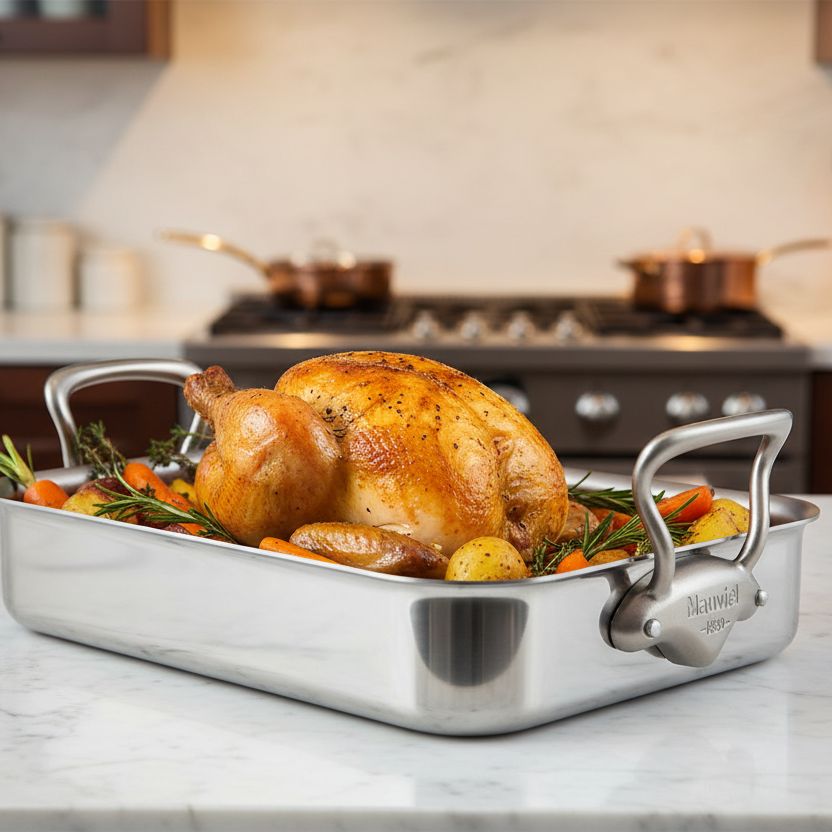 Mauviel stainless steel roasting pan with rack, brushed cast stainless steel handles, measuring 15.7 x 11.8 inches.