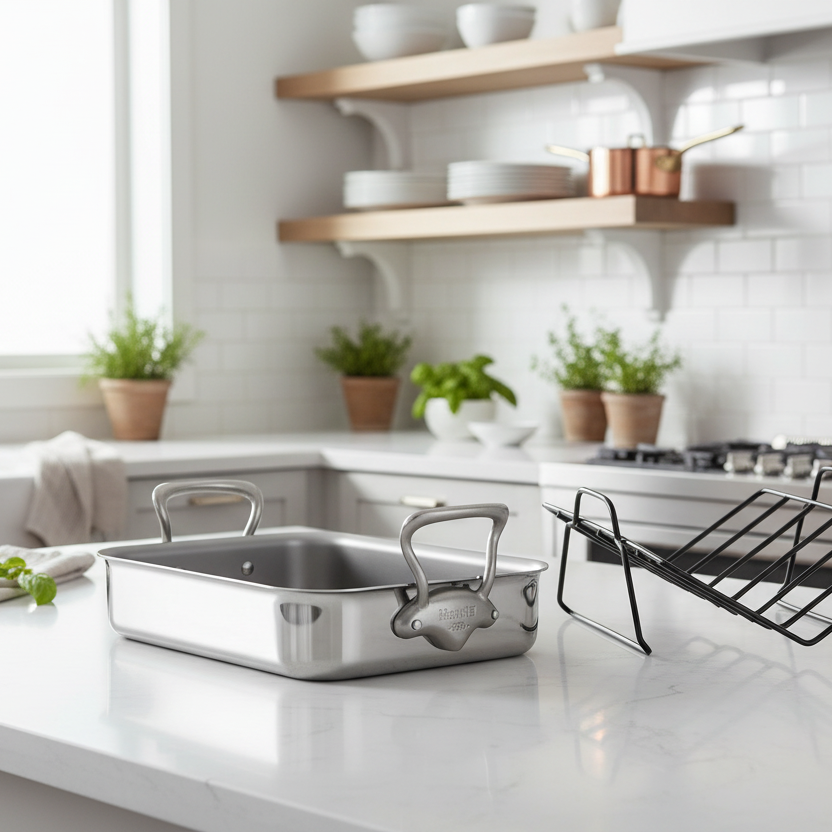 Mauviel stainless steel roasting pan with rack, brushed cast stainless steel handles, 15.7 x 11.8 inches for oven roasting.