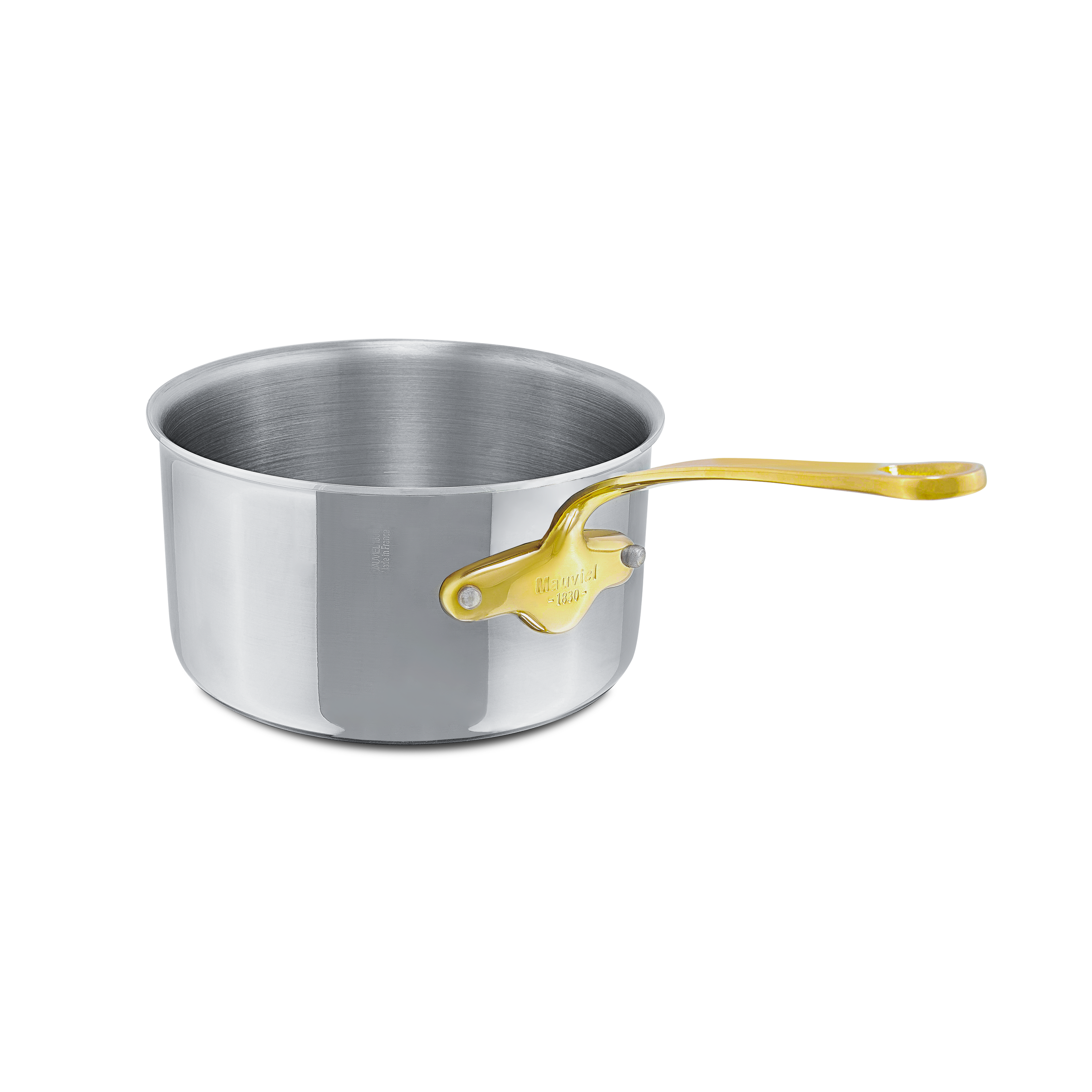 Mauviel M'COOK B sauce pan with brass handles, stainless steel cookware for precise sauce making, shown with a shiny finish and sturdy handles.