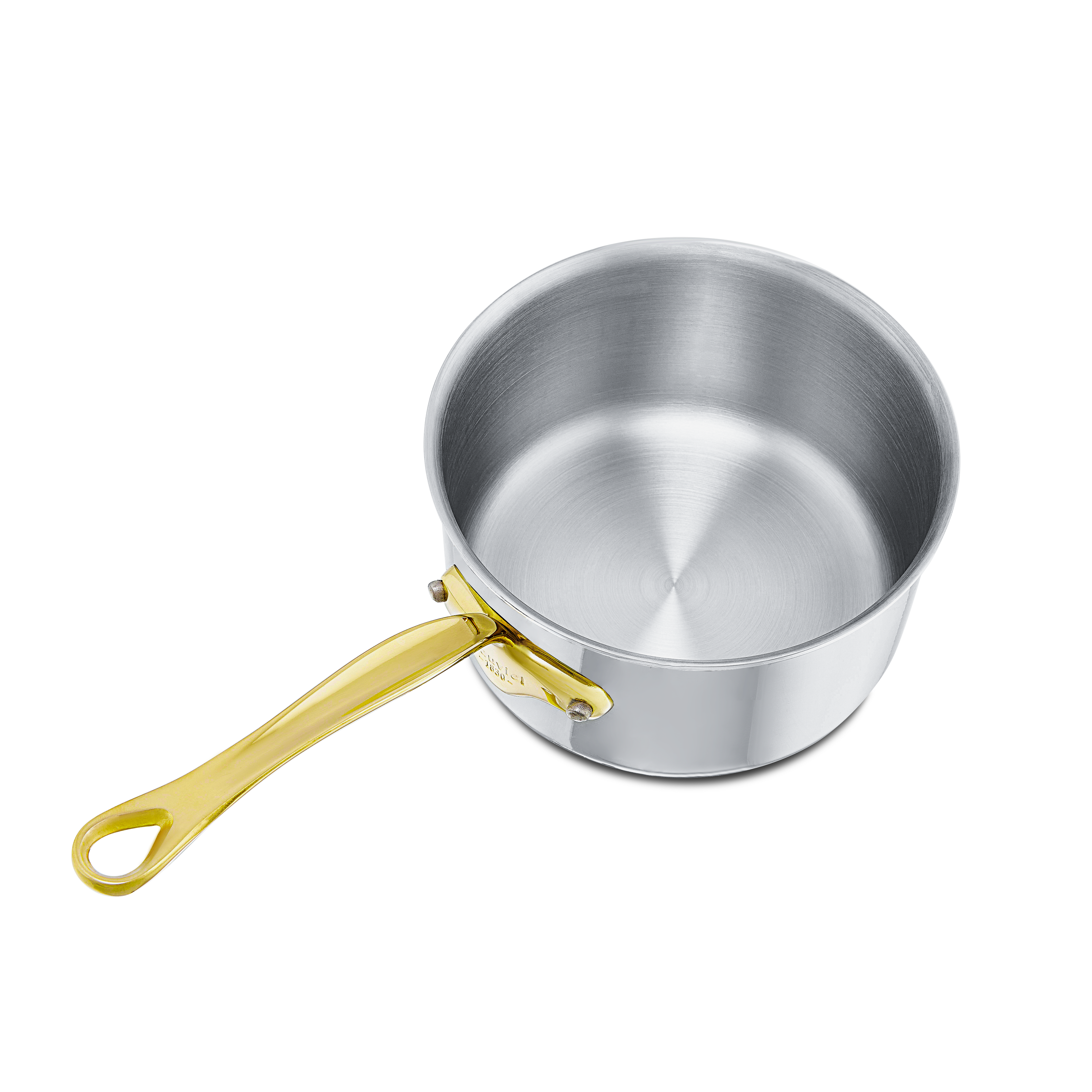 Mauviel M'COOK B sauce pan with brass handles, stainless steel cookware for simmering and sauces in a modern kitchen setting