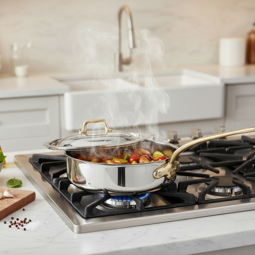 Mauviel M'COOK 5-Ply Saute Pan with Brass Handle and lid, stainless steel cookware for versatile cooking.