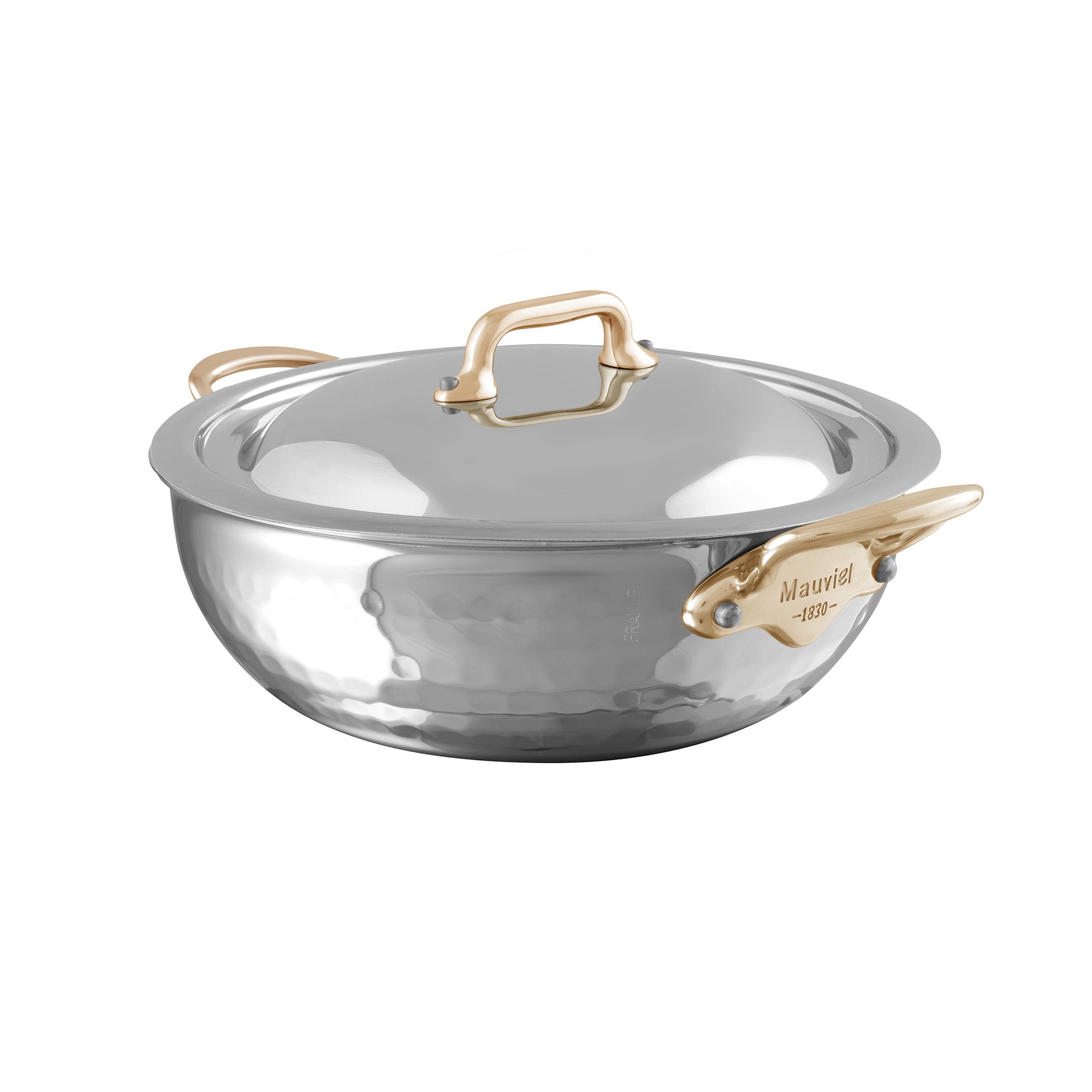 Mauviel M'ELITE B Hammered 5-Ply Curved Splayed Saute Pan With Dome Lid, Brass Handles, 3.3-Qt - Mauviel1830