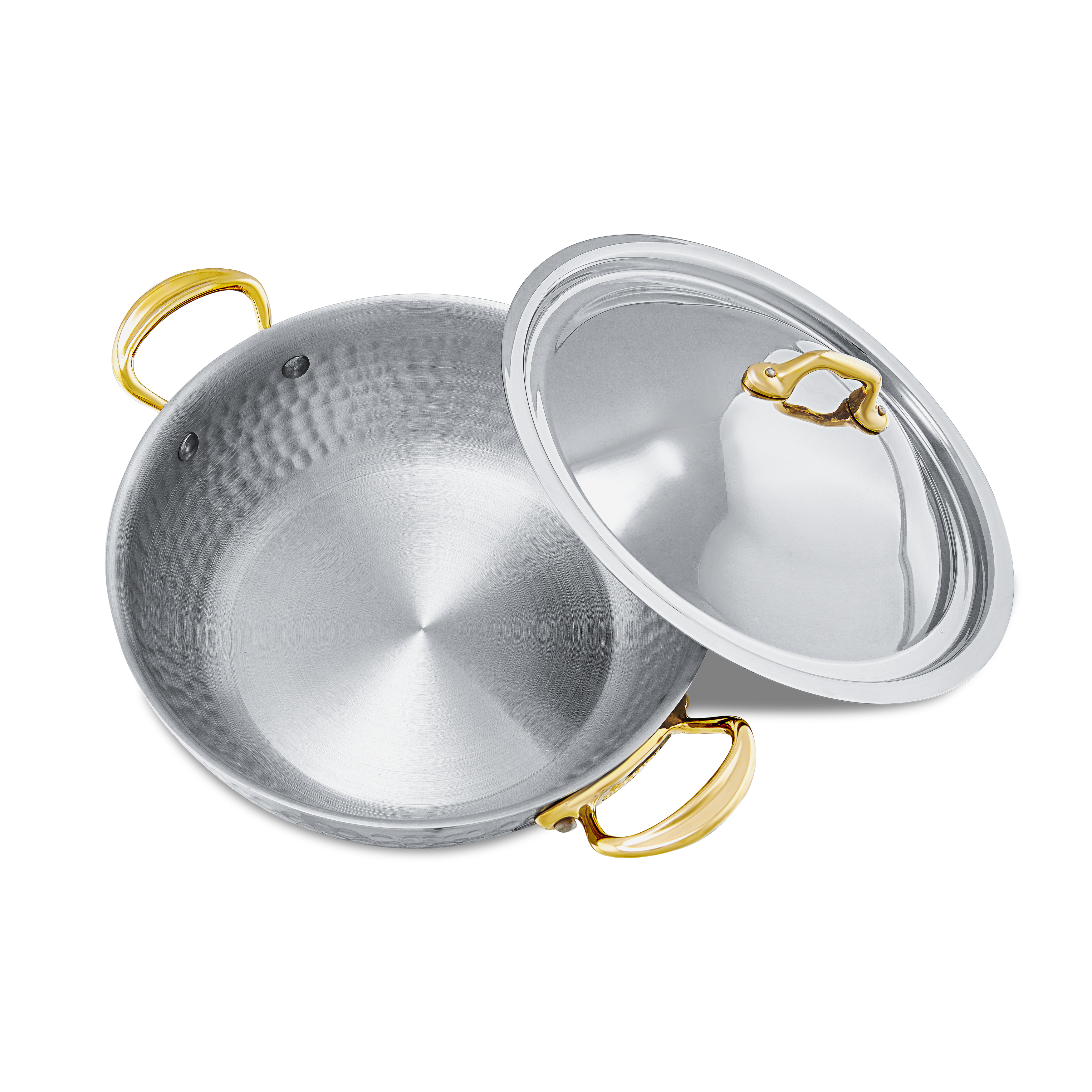 Mauviel M'ELITE B hammered 5-ply curved splayed saute pan with brass handles and lid for professional cooking.