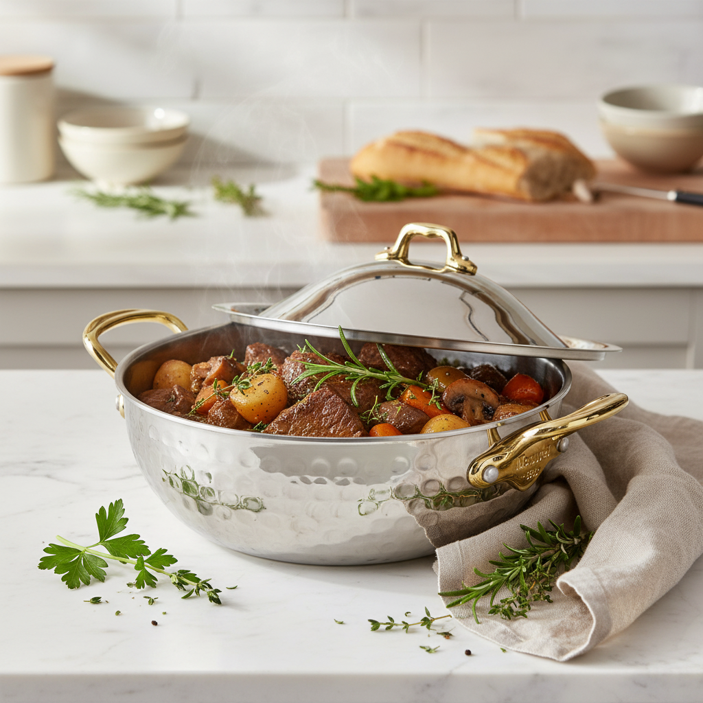 Mauviel M'ELITE B Hammered 5-Ply Curved Splayed Saute Pan with brass handles and lid, showcasing its polished, hammered exterior.