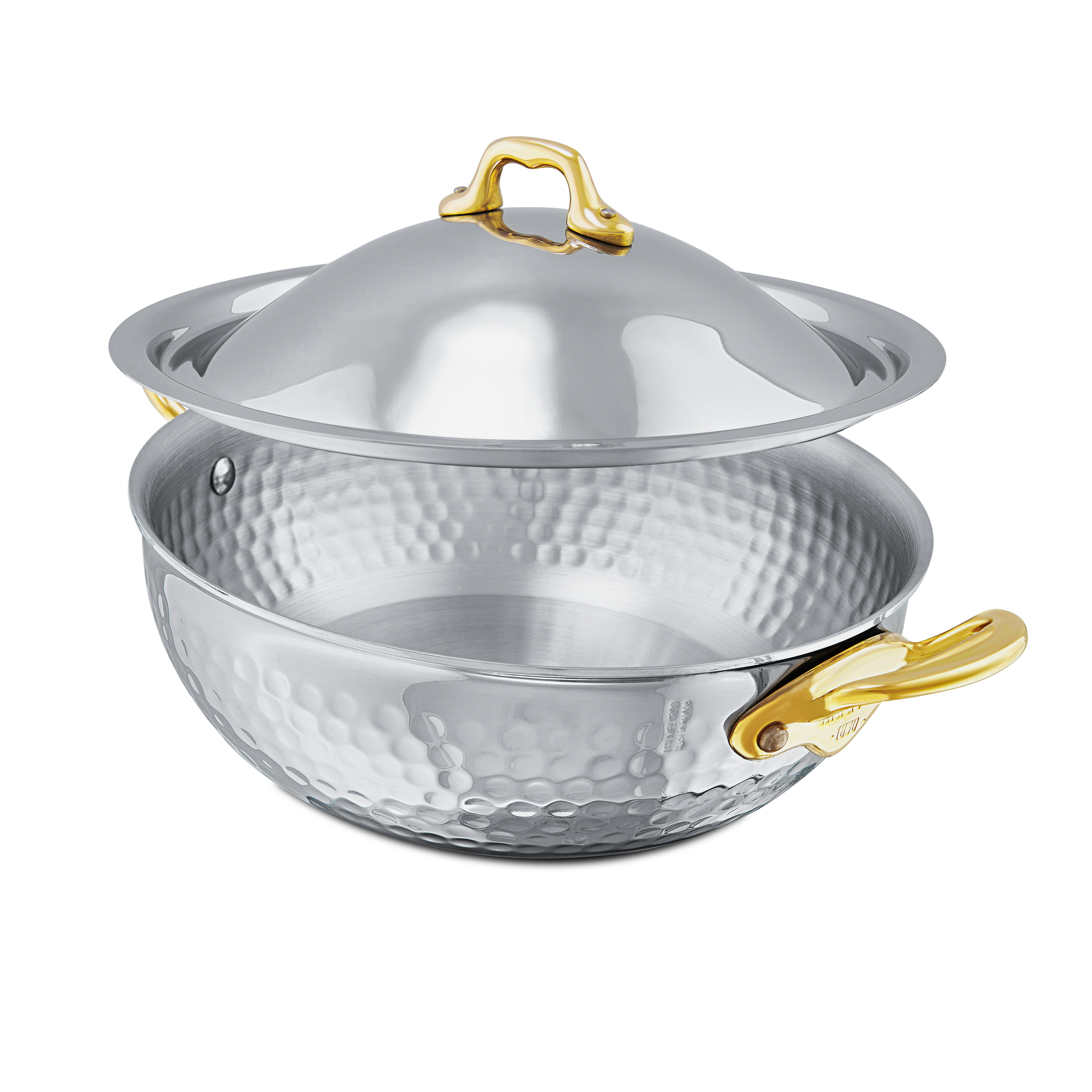 Mauviel M'ELITE B hammered 5-ply curved splayed sauté pan with lid and brass handles, showcasing its polished, durable cookware design.