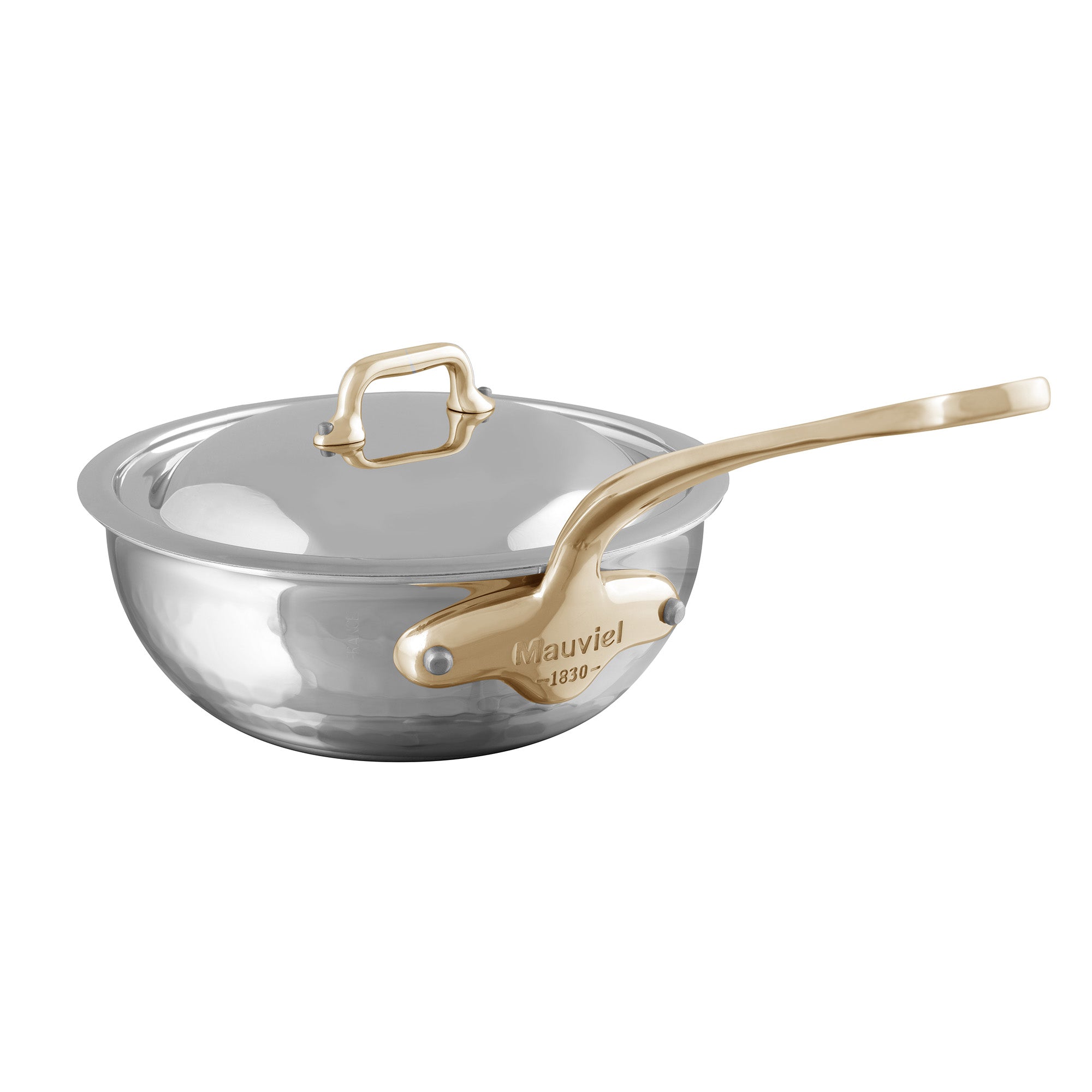 Mauviel M'ELITE B Hammered 5-Ply Chef Pan With Curved Lid, Brass Handle, 3.4-Qt - Mauviel1830