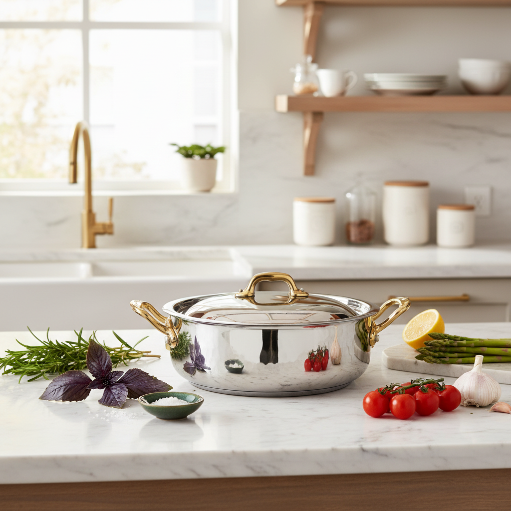 Mauviel M'ELITE B Hammered 5-Ply Rondeau With Curved Lid, Brass Handles, 6-Qt - Mauviel1830