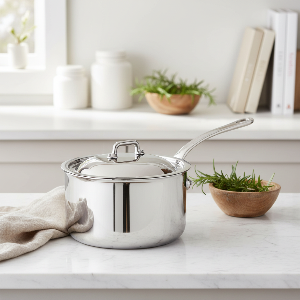 Mauviel M'COOK 5-ply stainless steel sauce pan with lid and cast stainless steel handle on a stovetop.