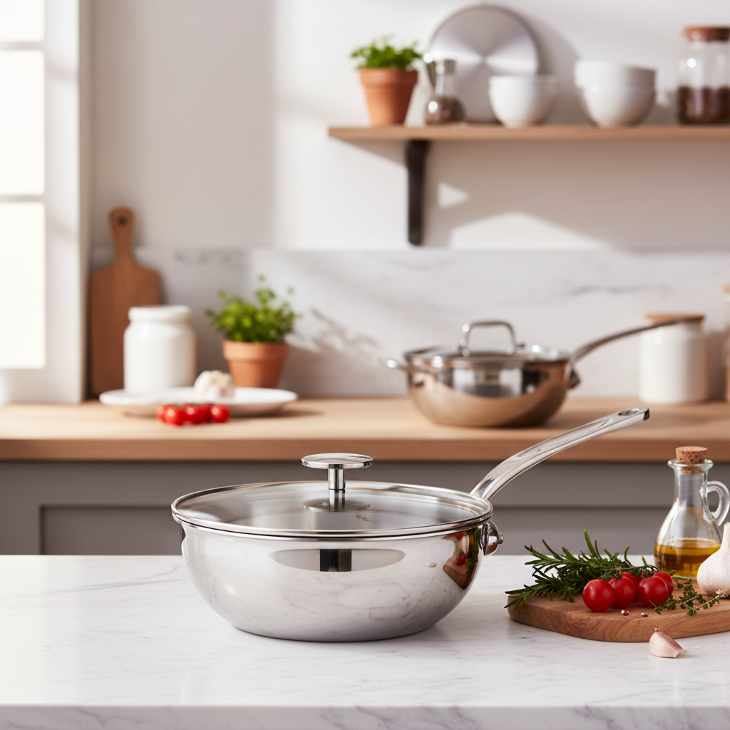 Mauviel M'URBAN 4 Tri-Ply Chef Pan with glass lid and cast stainless steel handle, ideal for versatile cooking.