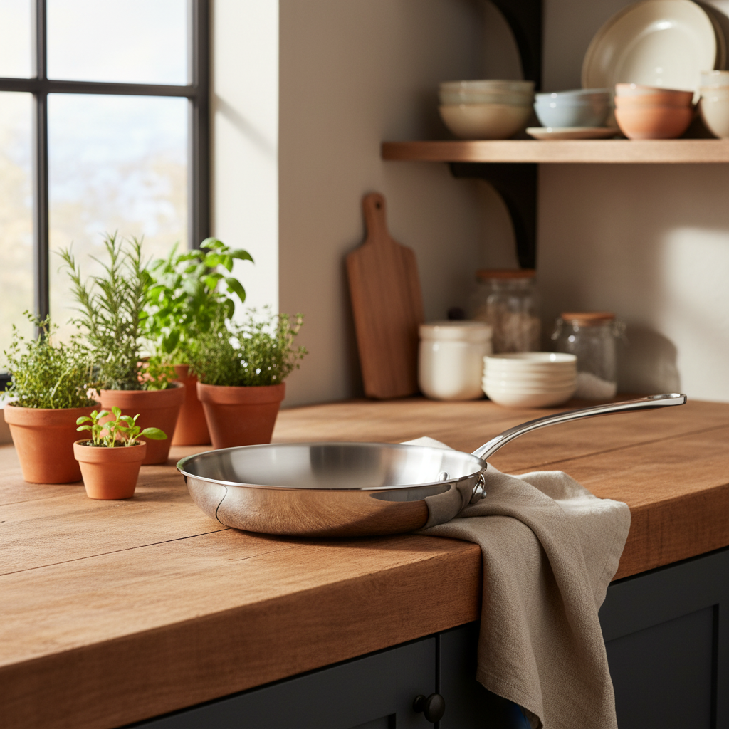 Mauviel M'URBAN 4 tri-ply stainless steel frying pan with cast stainless steel handle, shown on a kitchen countertop.