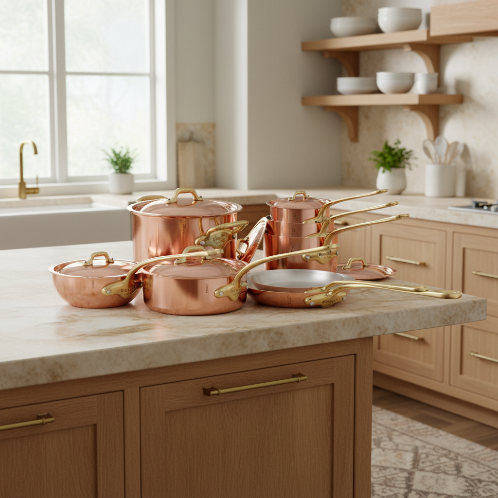 Mauviel M'Heritage M'150 B 14-piece copper cookware set with brass handles, including pots, pans, and lids arranged on a kitchen counter.