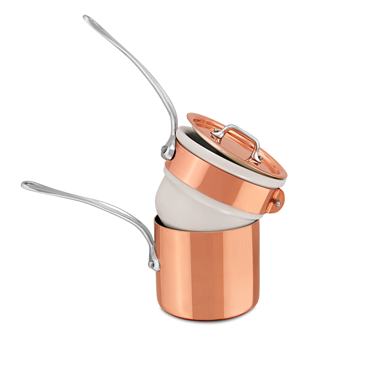 Mauviel copper tinned bain marie double boiler with stainless steel handles and lid, 0.9-quart capacity, ideal for gentle heating.
