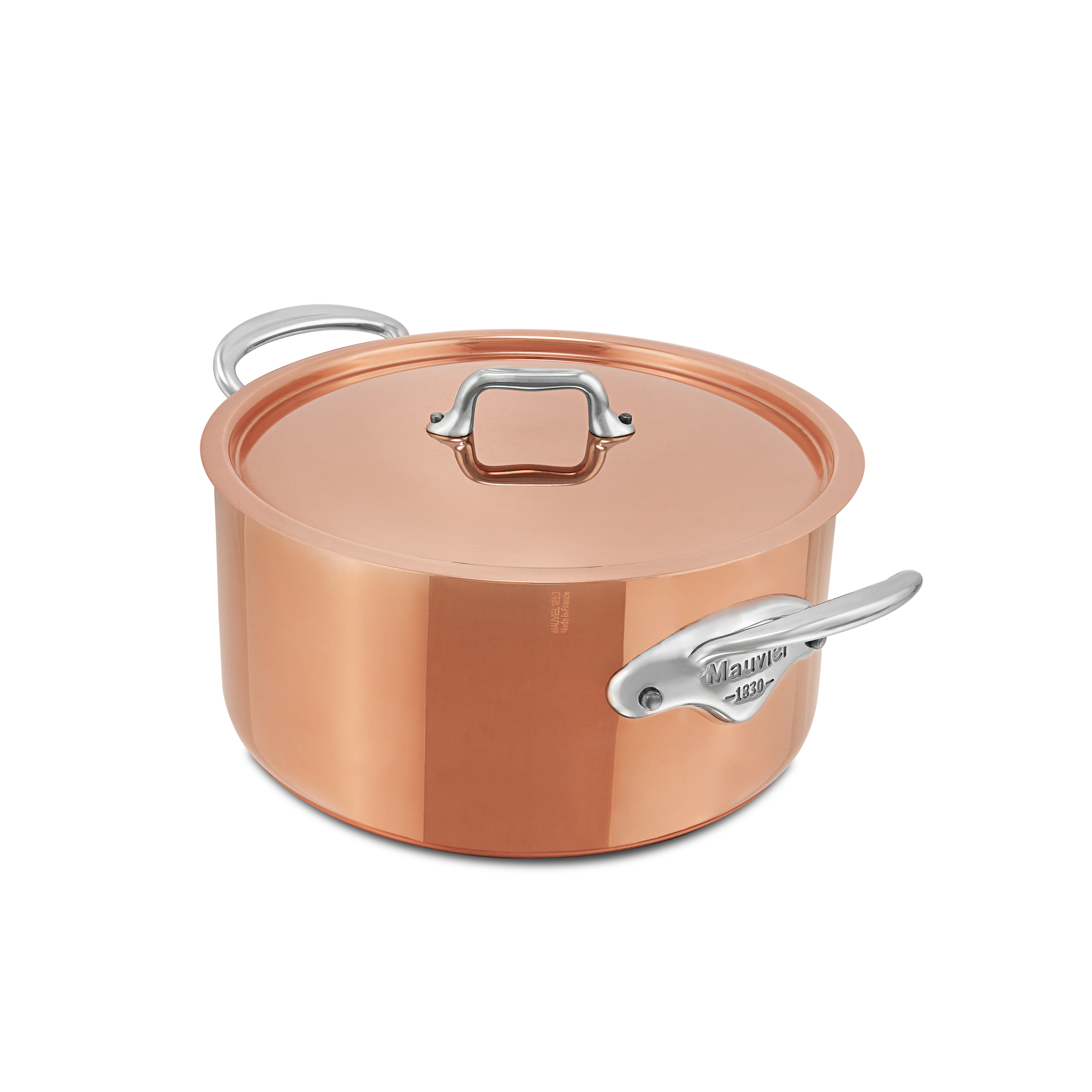 Mauviel M'3 S copper stockpot with lid, stainless steel handles, 6.3-quart capacity, ideal for cooking and simmering