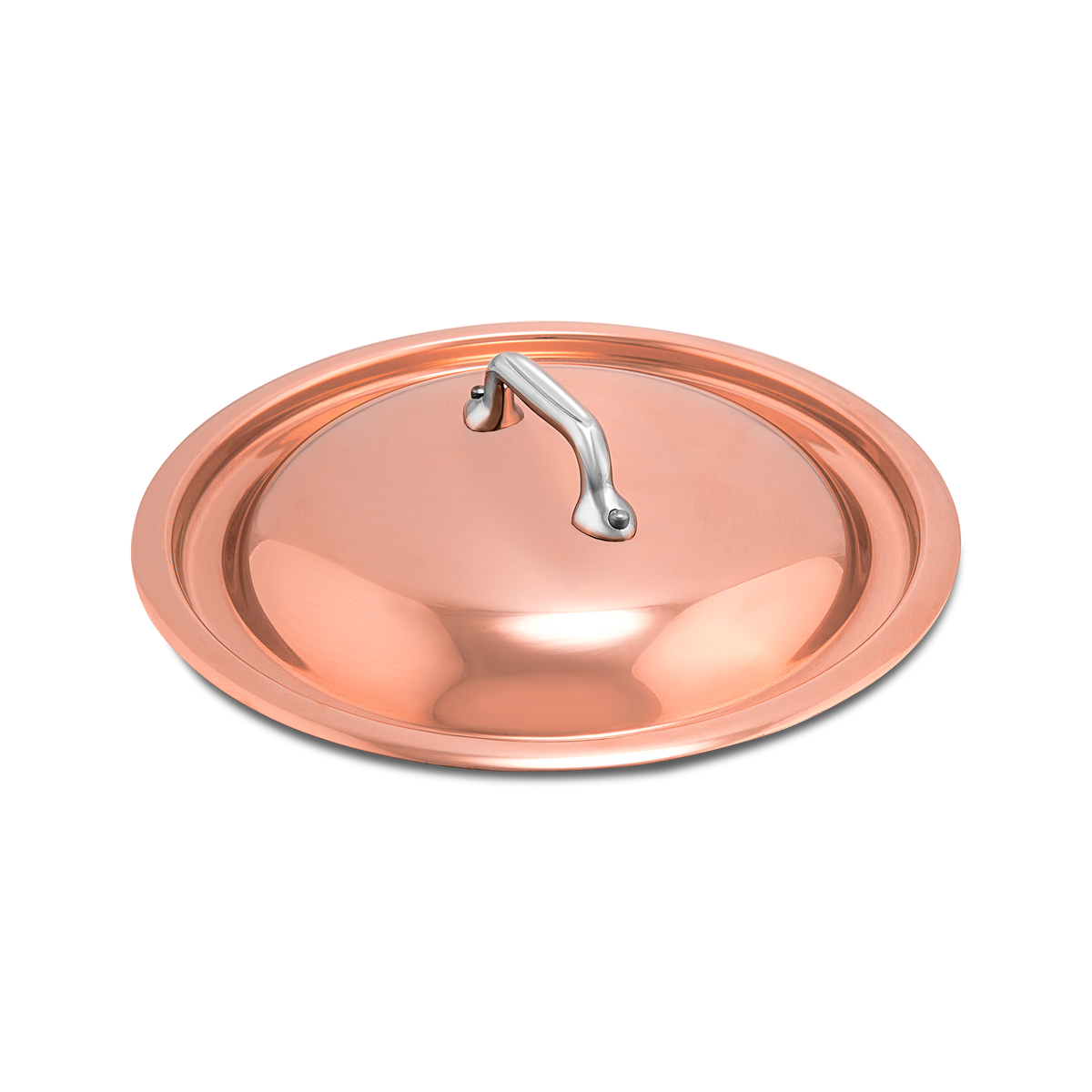 Mauviel copper curved lid with cast stainless steel handle for pots and pans, shiny copper surface and sturdy handle.