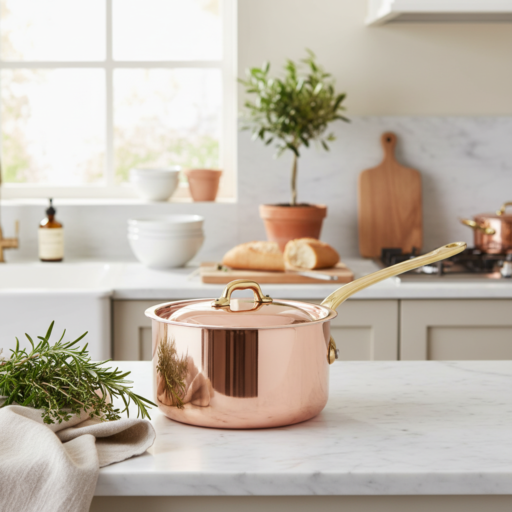 Mauviel M'Heritage M'150B copper sauce pan with lid and brass handle, showcasing polished copper surface and sturdy construction.
