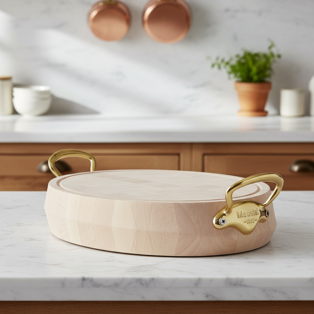 Mauviel Savoir Vivre chopping block with brass handles, wooden cutting board for kitchen prep and food chopping.
