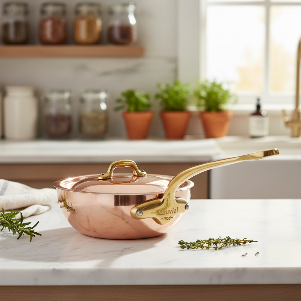 Mauviel M'Heritage M'150 B copper chef pan with brass handle and lid, showcasing a polished copper surface and sturdy construction.