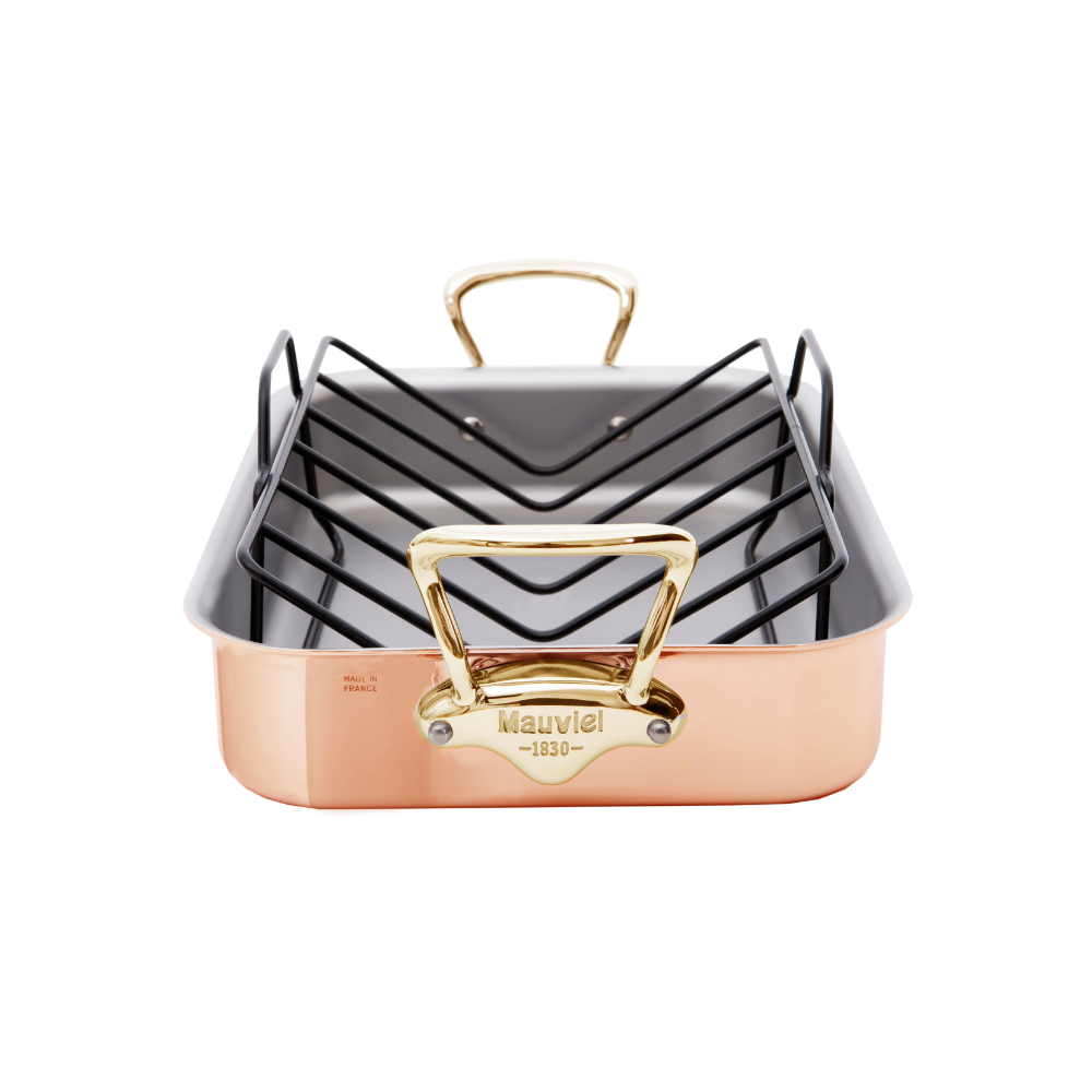 Mauviel M'150 B Roasting Pan With Rack, Brass Handles, 13.7 x 9.8-In - Mauviel USA