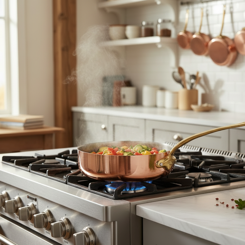 Mauviel M'Heritage M'150 B copper saute pan with brass handle and lid, showcasing its polished copper surface and sturdy construction