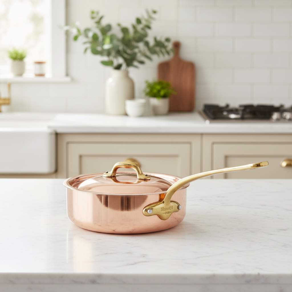 Mauviel M'Heritage M'150 B copper saute pan with brass handle and lid, showcasing polished copper surface and sturdy construction