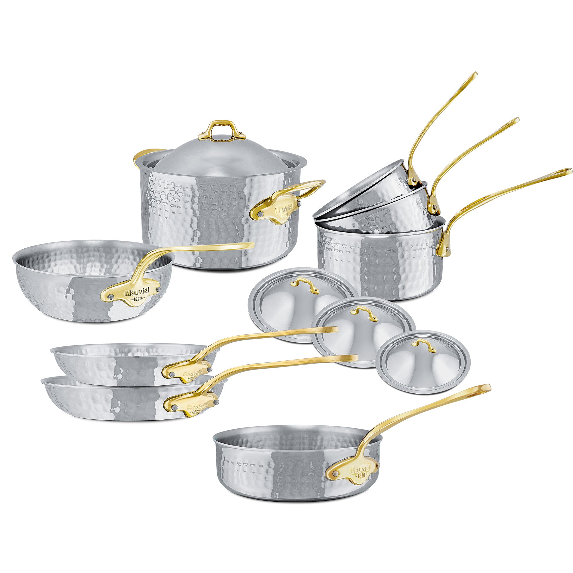 Mauviel M'ELITE B Hammered 5-Ply 12-Piece Cookware Set With Brass Handles - Mauviel1830