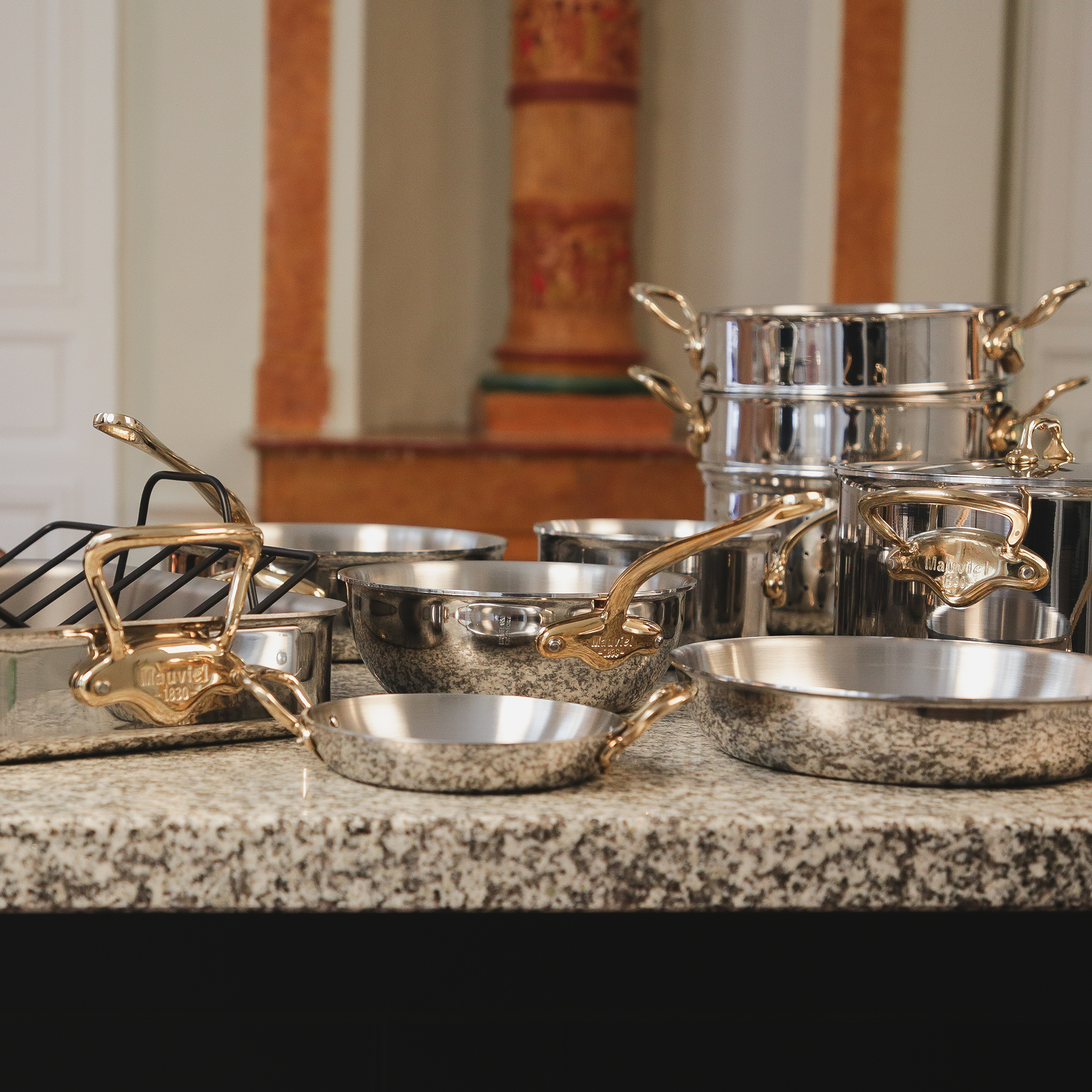 Mauviel M'COOK B 5-Ply Stewpan 6.2-Qt and Frying Pan 10.2-In Set with Brass Handles - Mauviel1830