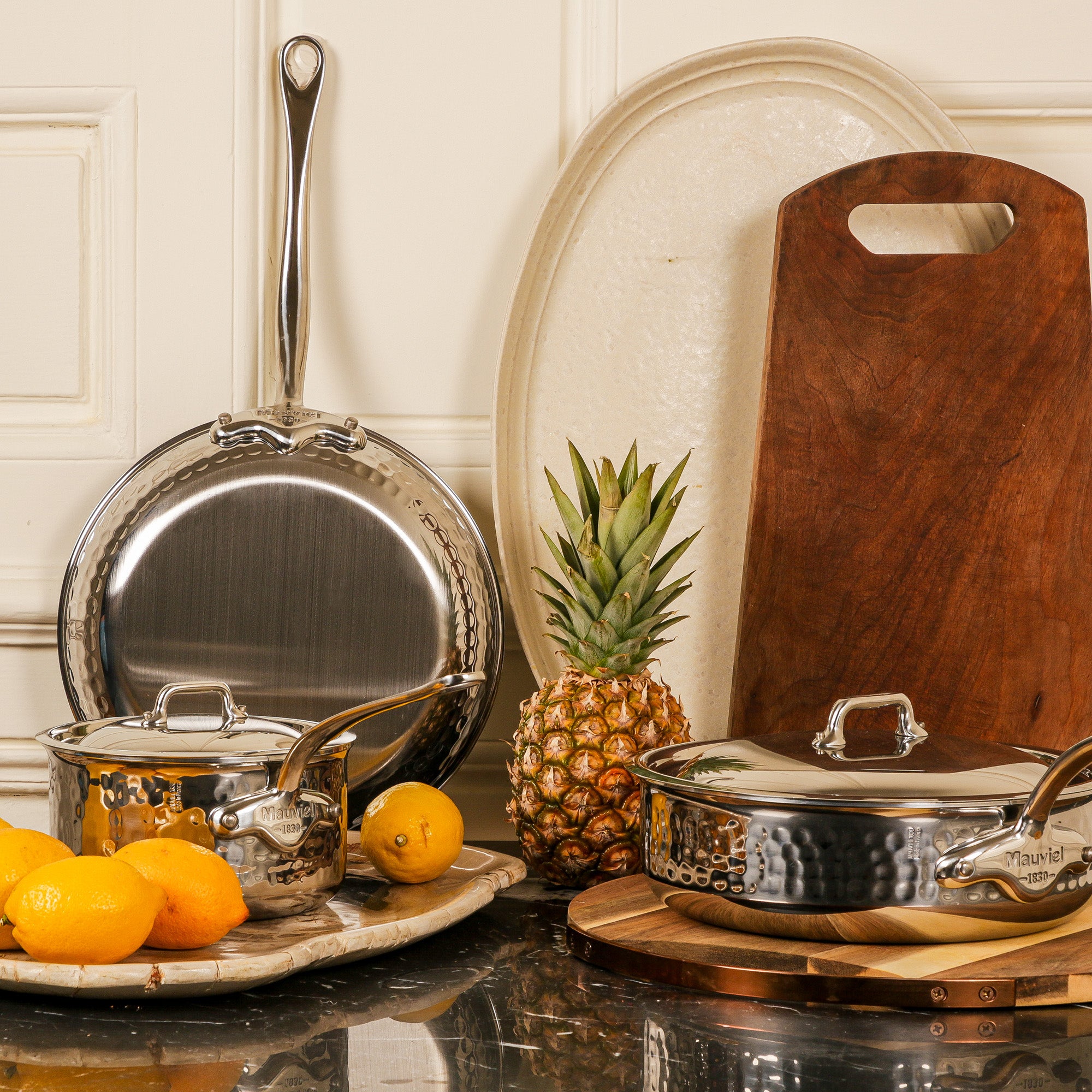 Mauviel M'ELITE Hammered 5-Ply Oval Pan, Cast Stainless Steel Handles, 13.7-Inch - Mauviel1830