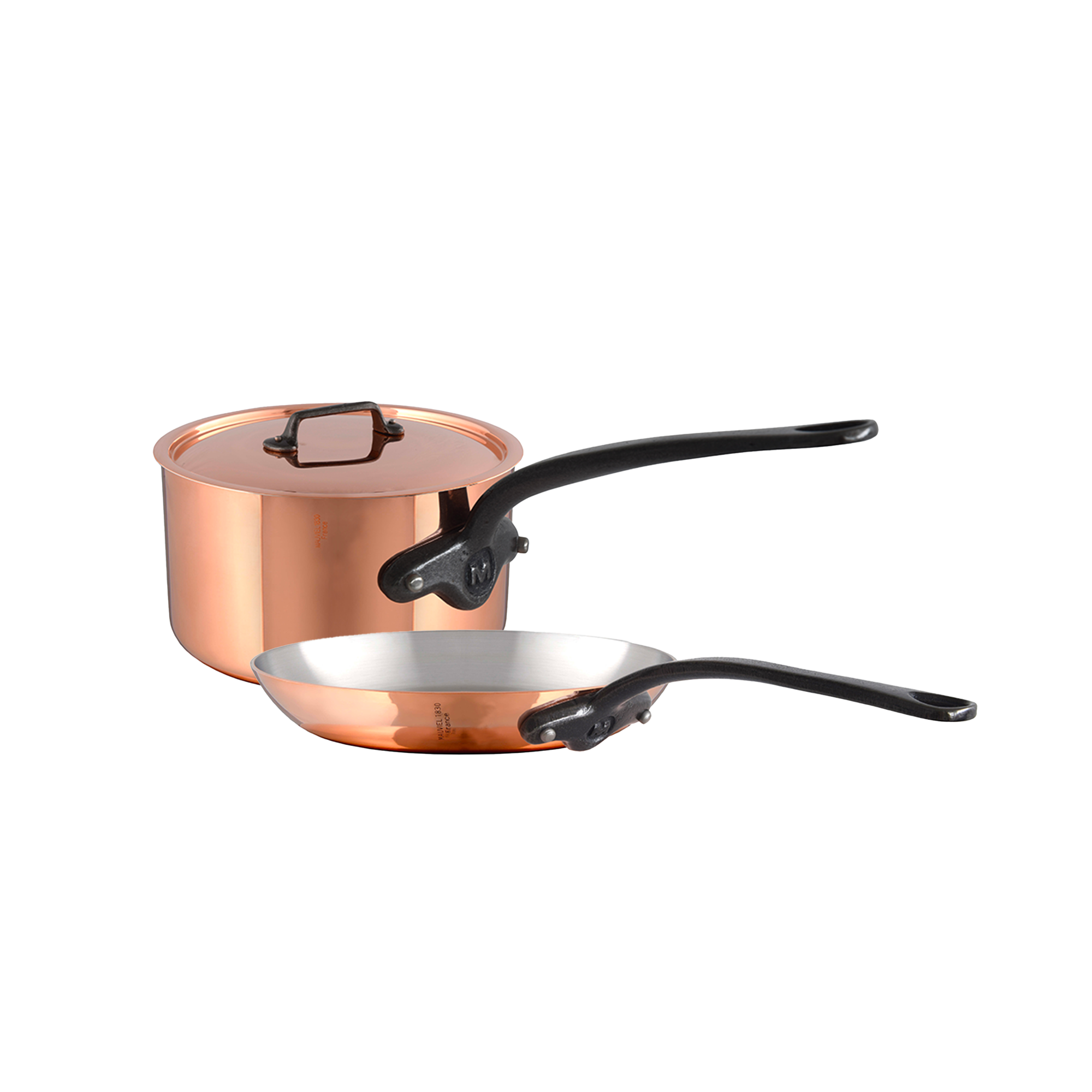 Mauviel M'Heritage M'150 CI Copper Sauce Pan with Lid 2.8-Qt and Frying Pan 11.8-In, Cast Iron Handles - Mauviel1830