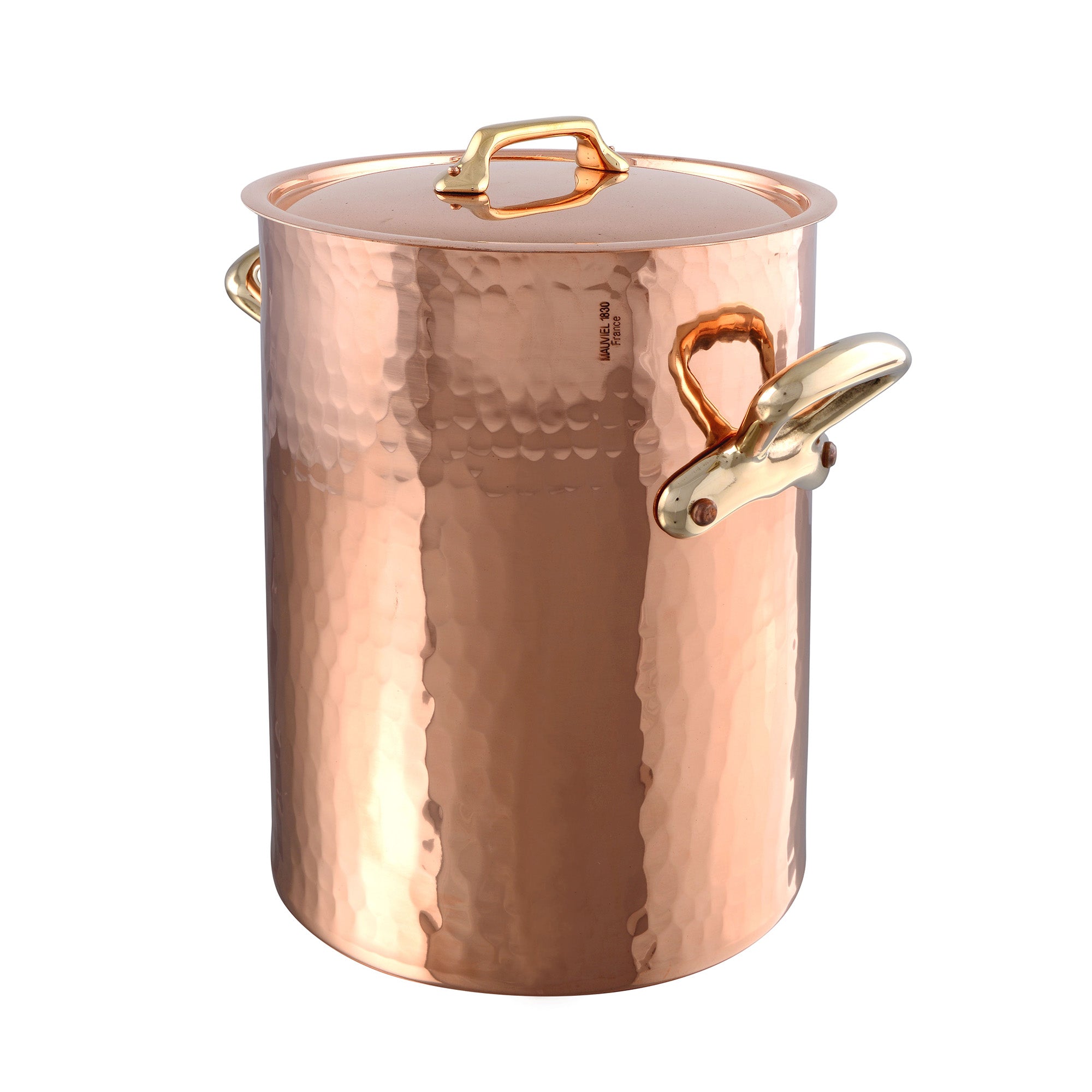 Mauviel M'Tradition Hammered Copper & Tin Inside Soup Pot With Lid, Brass Handles, 13.8-Qt - Mauviel1830