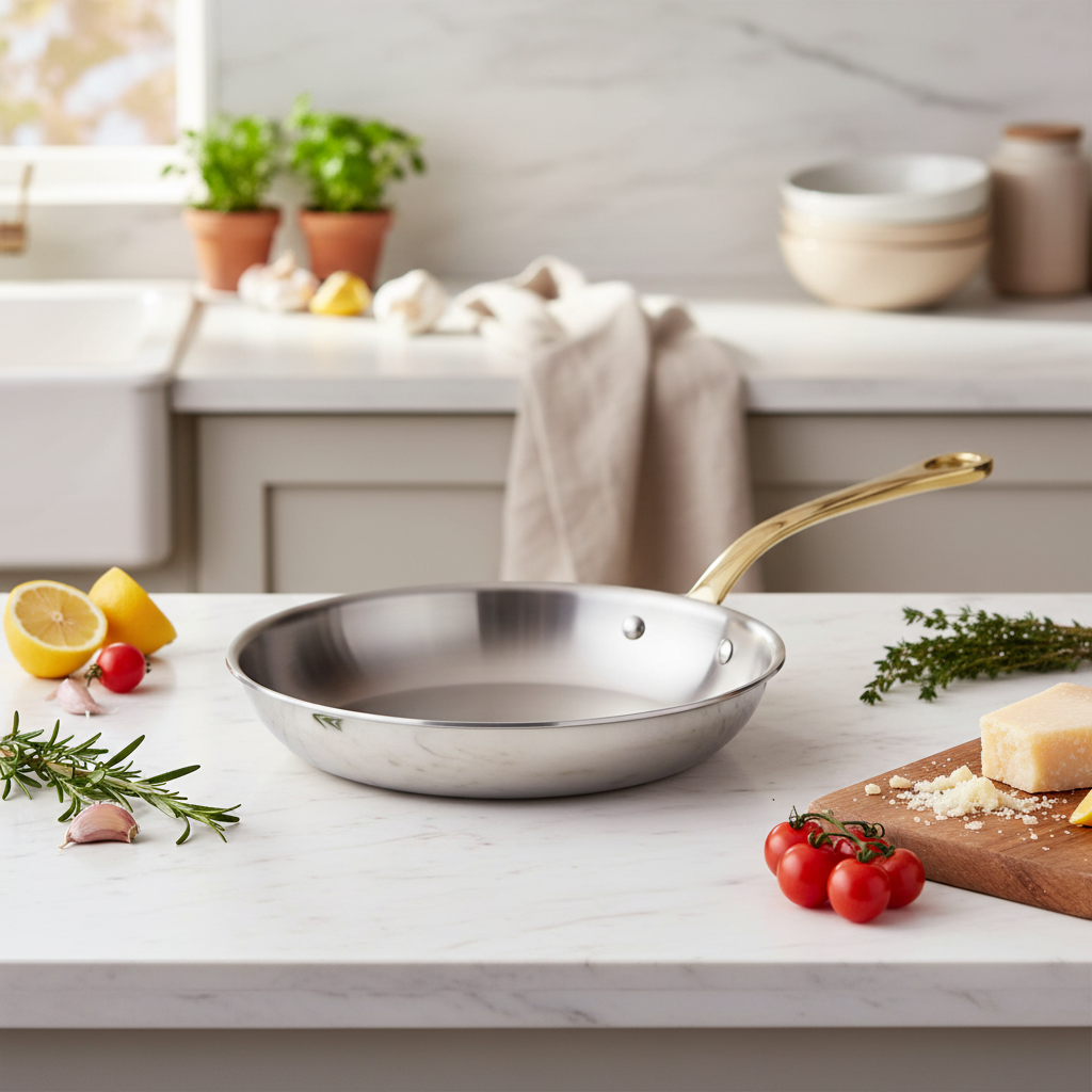 Mauviel M'COOK 5-ply frying pan with brass handles, stainless steel cookware for professional and home kitchen use