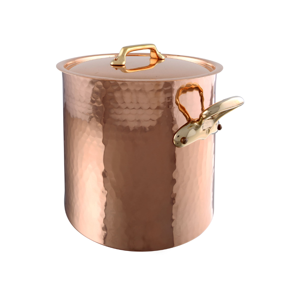 Mauviel M'Tradition Hammered Copper & Tin Inside Stockpot With Lid, Brass Handles - Mauviel1830