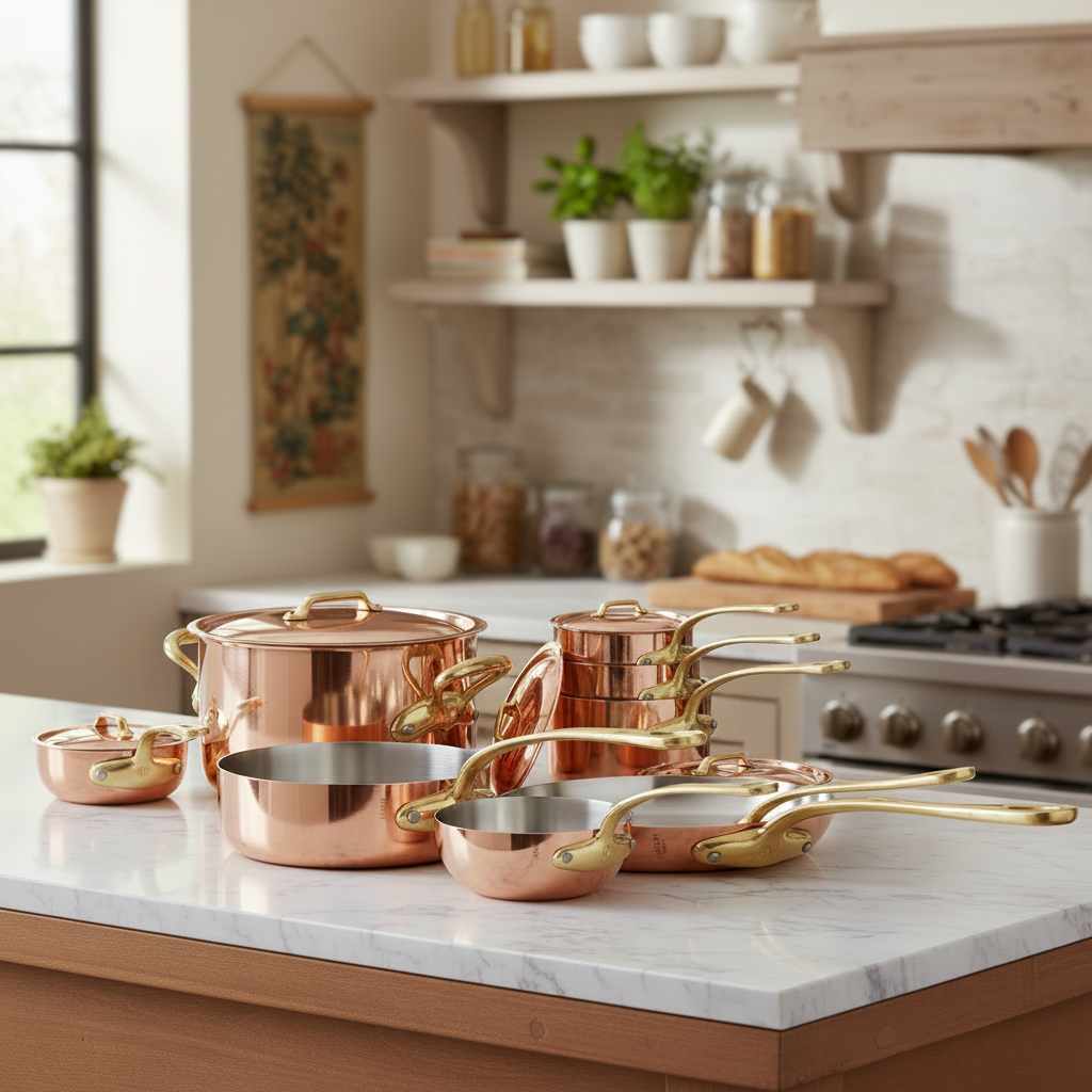 Mauviel M'Heritage M'200 B 12-piece copper cookware set with brass handles, including pots and pans arranged on a kitchen countertop.