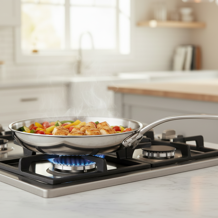 Mauviel M'COOK 5-ply stainless steel frying pan with cast stainless steel handle, showcasing a smooth, durable cooking surface.