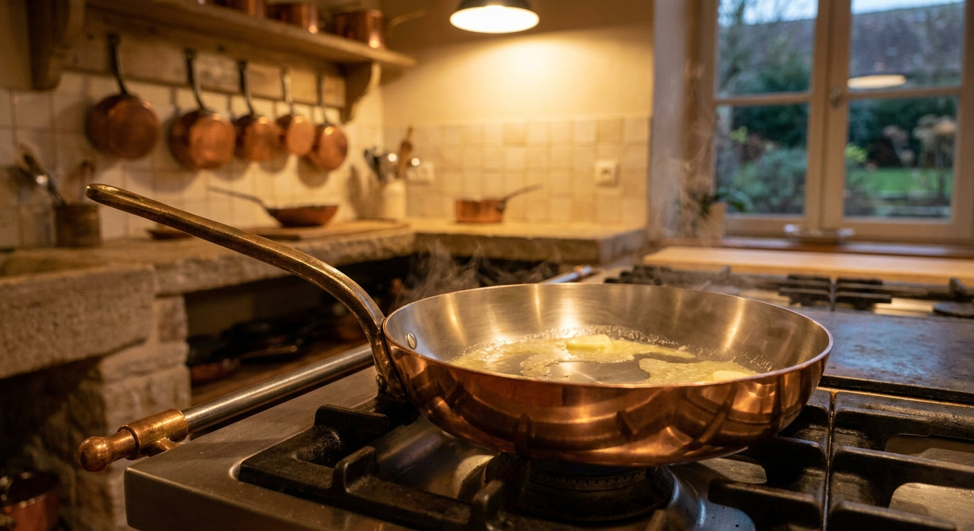 A polished copper sauté pan on a lit gas burner with evenly melting butter and rising steam in a warmly lit French kitchen.