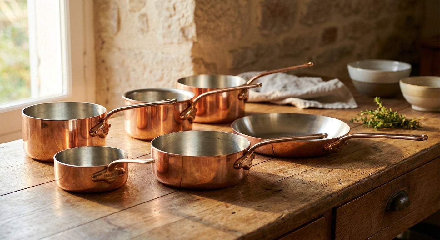 A curated arrangement of gleaming Mauviel copper cookware in varying sizes on a rustic French oak counter, bathed in warm natural light.