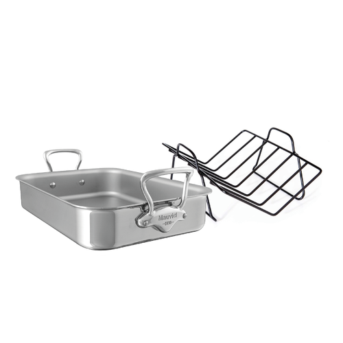 Mauviel M'COOK 5-Ply Roasting Pan With Rack, Cast Stainless Steel Handles, 15.7 x 11.8-in