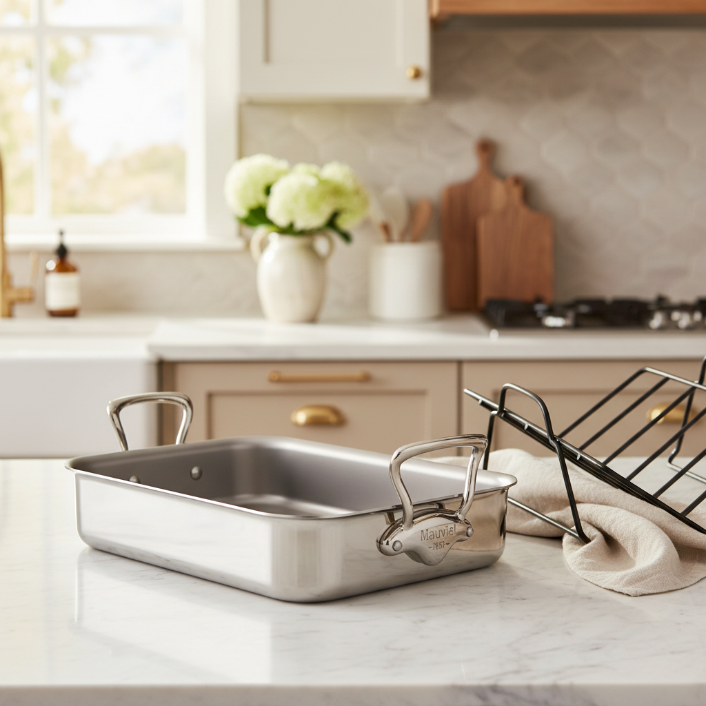 Mauviel Stainless Steel Roasting Pan With Rack, Cast Stainless Steel Handles, 15.7 x 11.8-in