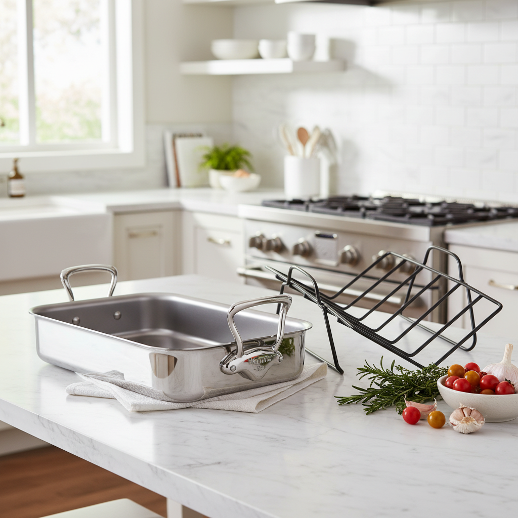 Mauviel Stainless Steel Roasting Pan With Rack, Cast Stainless Steel Handles, 15.7 x 11.8-in