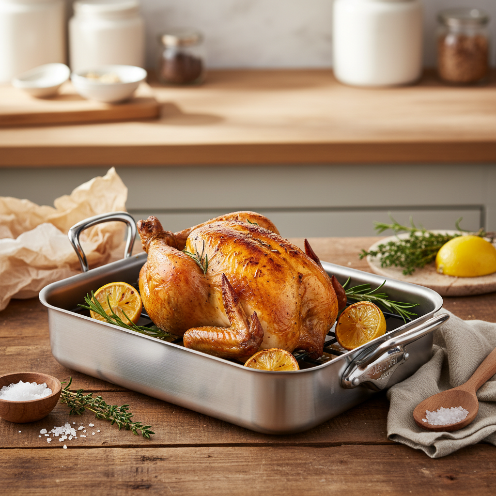 Mauviel Stainless Steel Roasting Pan With Rack, Cast Stainless Steel Handles, 15.7 x 11.8-in